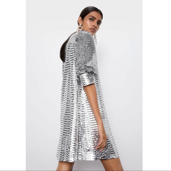 Zara Sequin Metallic Silver Dress Puff Sleeve Shift Dress XS - Picture 1 of 3